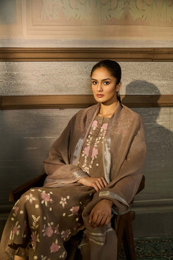 Taupe Mocha Linen Kurta Set with Floral Thread Embroidery - Mokshaa