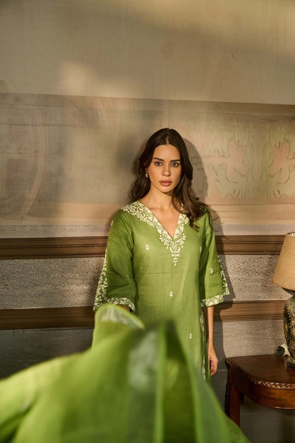 Moss Green Linen Kurta Set with Ivory Thread Embroidery - Mokshaa