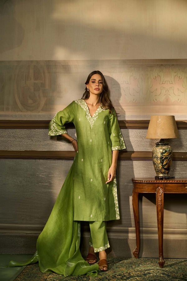 Moss Green Linen Kurta Set with Ivory Thread Embroidery - Mokshaa