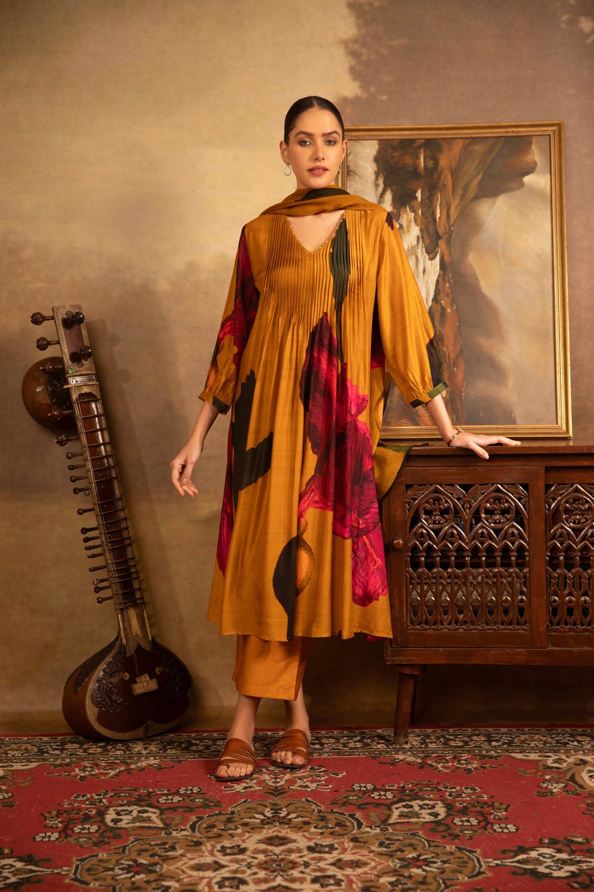 Mustard Gold Abstract Floral Printed Pintuck Kurta Set - Mokshaa