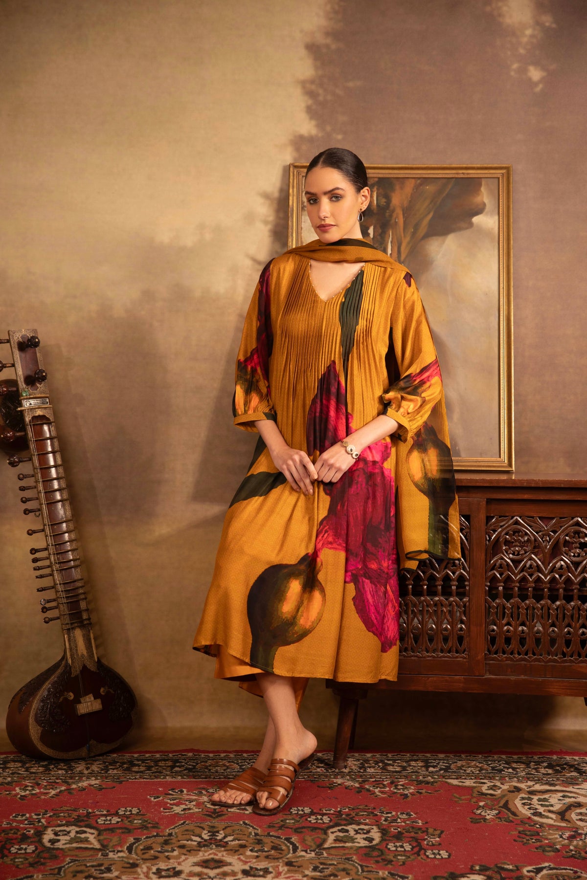 Mustard Gold Abstract Floral Printed Pintuck Kurta Set - Mokshaa