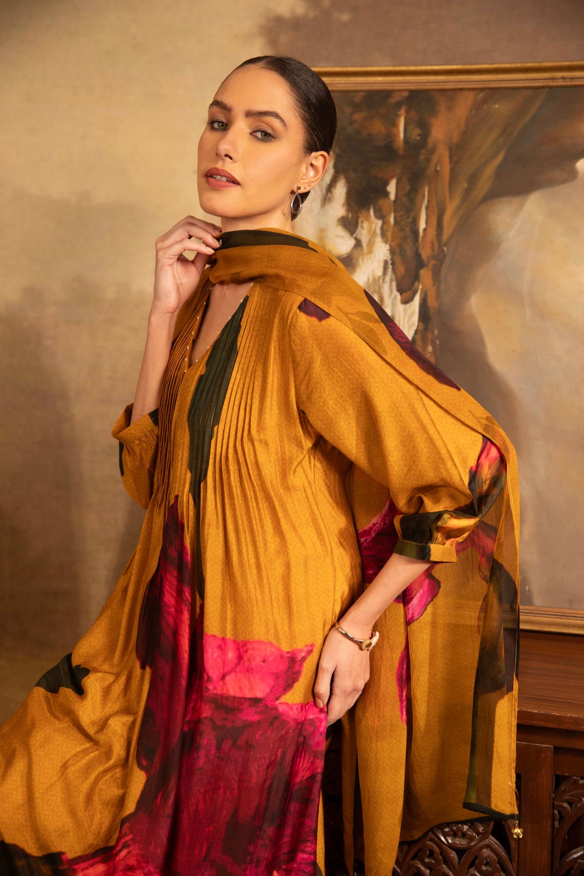 Mustard Gold Abstract Floral Printed Pintuck Kurta Set - Mokshaa