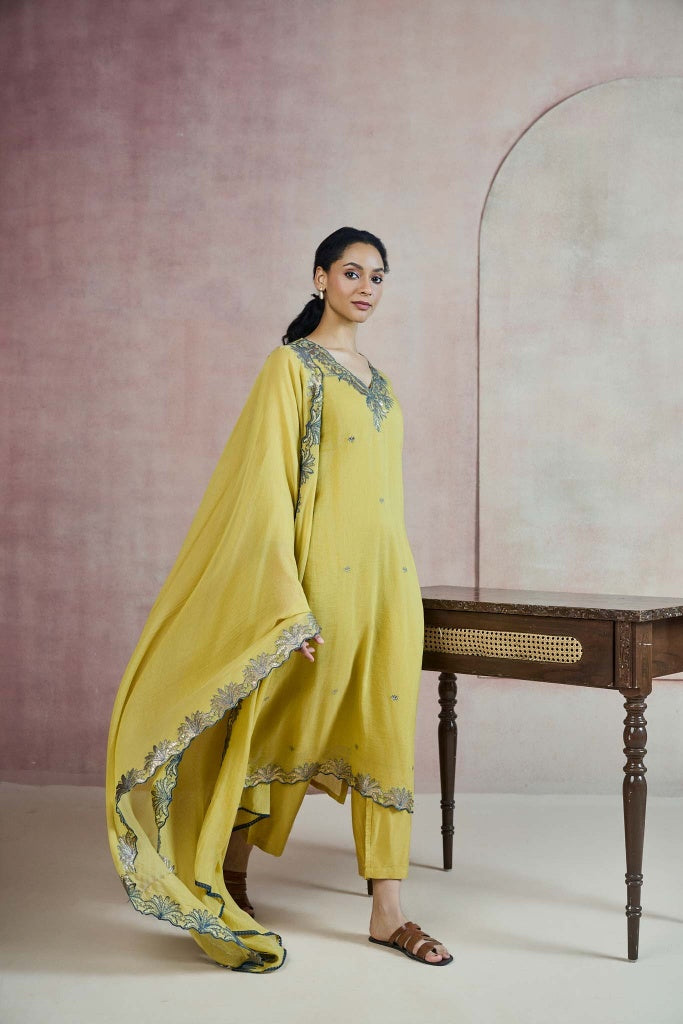 Mustard Green Mul Chanderi Kurta Set with Floral Zari Embroidery - Mokshaa