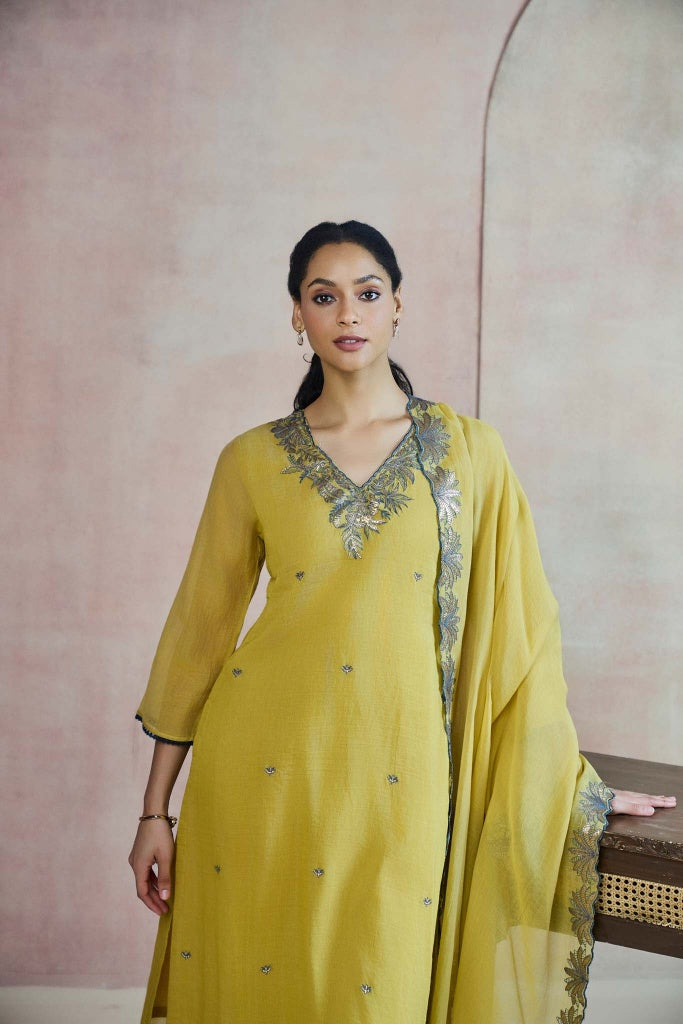 Mustard Green Mul Chanderi Kurta Set with Floral Zari Embroidery - Mokshaa