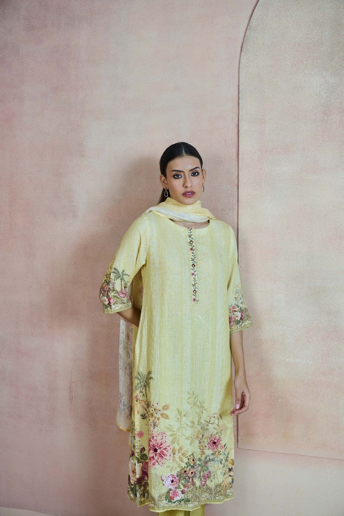 Butter Yellow Linen Kurta Set with Floral Border Print - Mokshaa