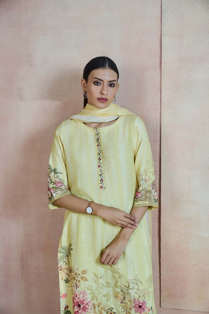 Butter Yellow Linen Kurta Set with Floral Border Print - Mokshaa