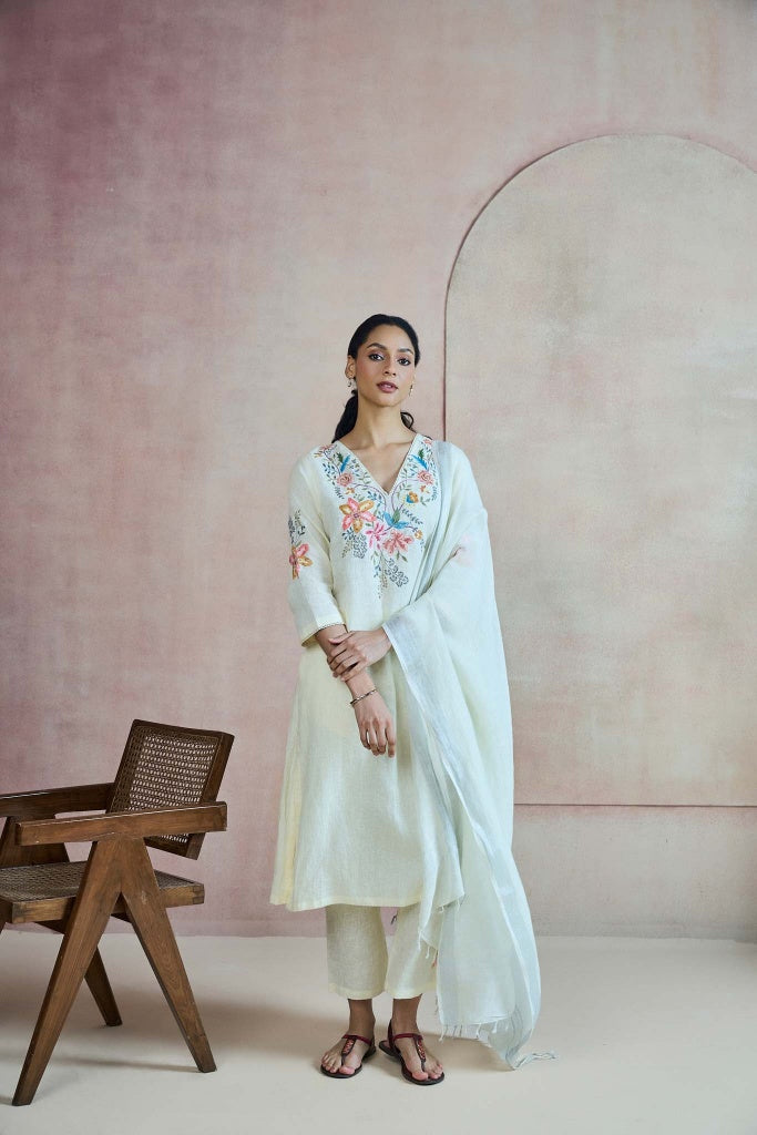 Ivory Linen Kurta Set with Multicolor Floral Thread Embroidery - Mokshaa