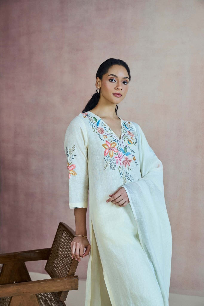 Ivory Linen Kurta Set with Multicolor Floral Thread Embroidery - Mokshaa