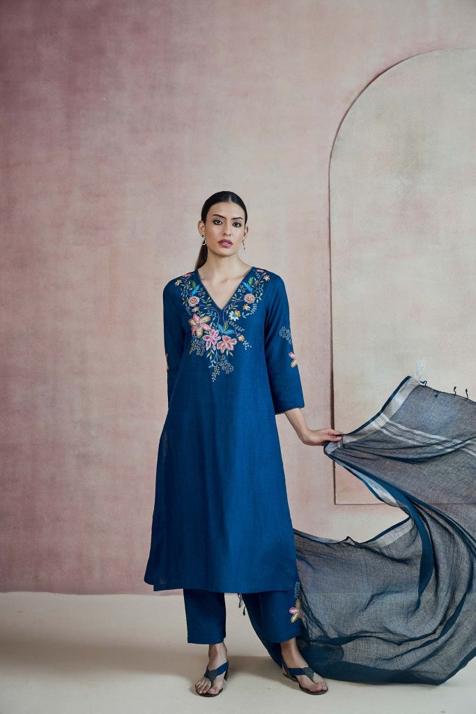 Teal Blue Linen Salwar Set - Mokshaa