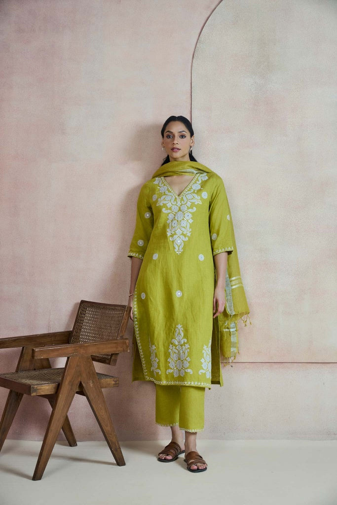 Lime Olive Linen Kurta Set with Thread Embroidery and Appliqué - Mokshaa