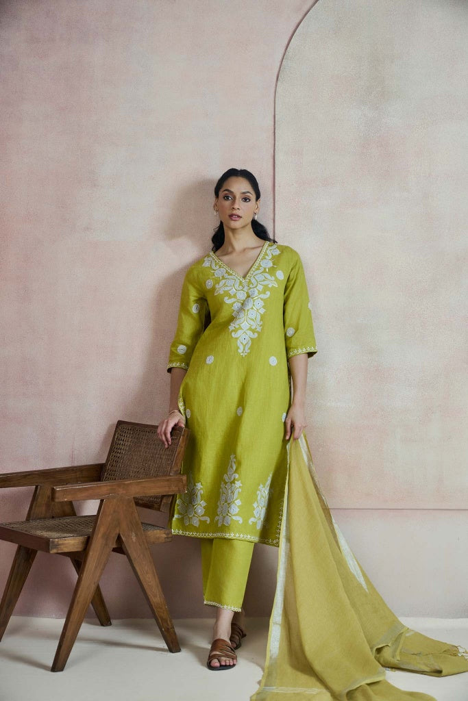 Lime Olive Linen Kurta Set with Thread Embroidery and Appliqué - Mokshaa