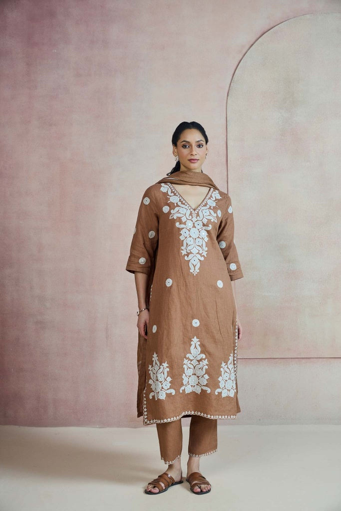 Tobacco Brown Linen Kurta Set with Thread Embroidery and Appliqué - Mokshaa