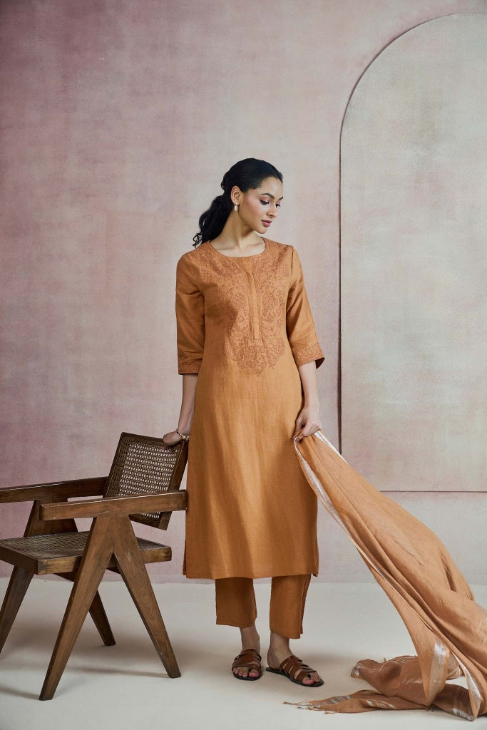 Burnt Ochre Linen Kurta Set with Self Thread Embroidery - Mokshaa