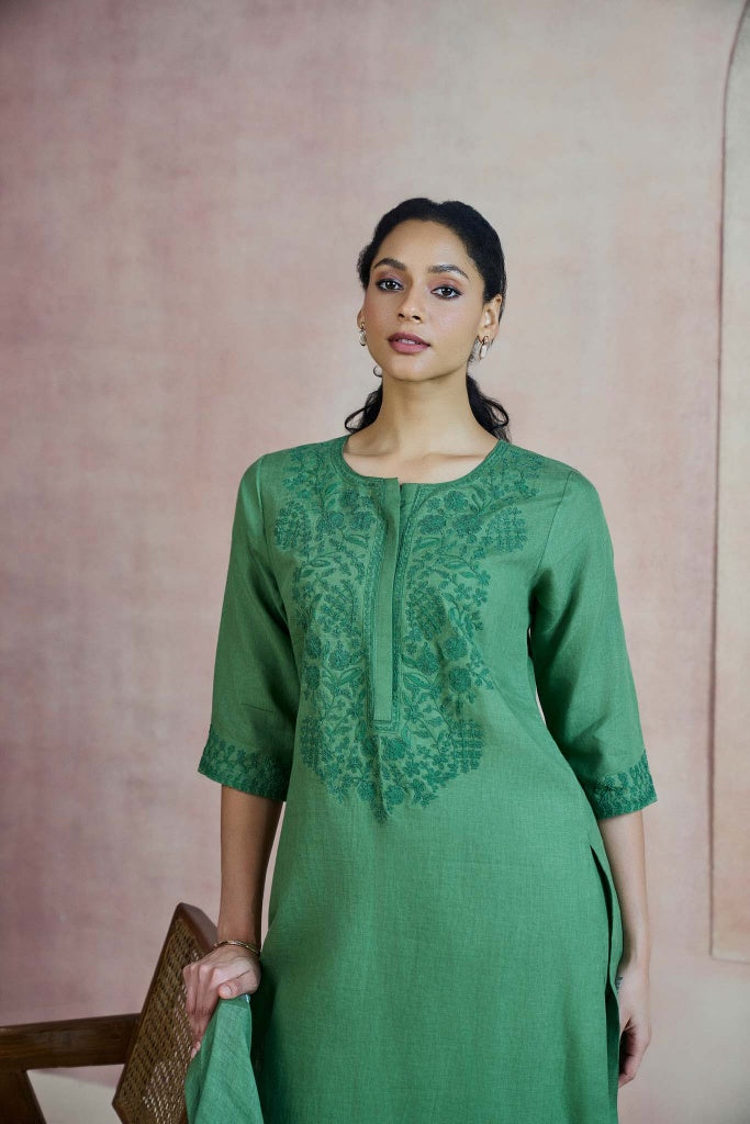 Sage Green Linen Kurta Set with Self Thread Embroidery - Mokshaa