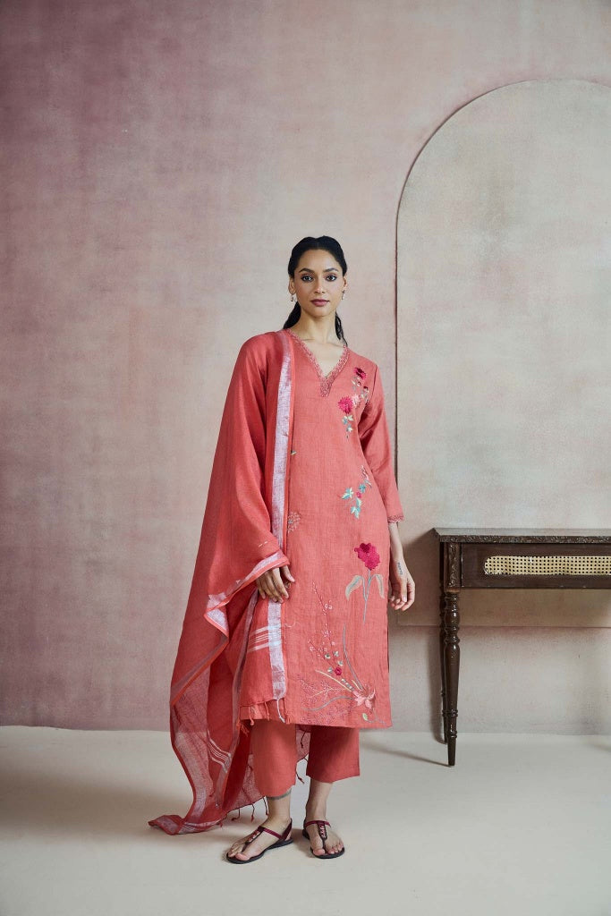 Coral Rust Linen Kurta Set with Multicolour Thread Embroidery - Mokshaa