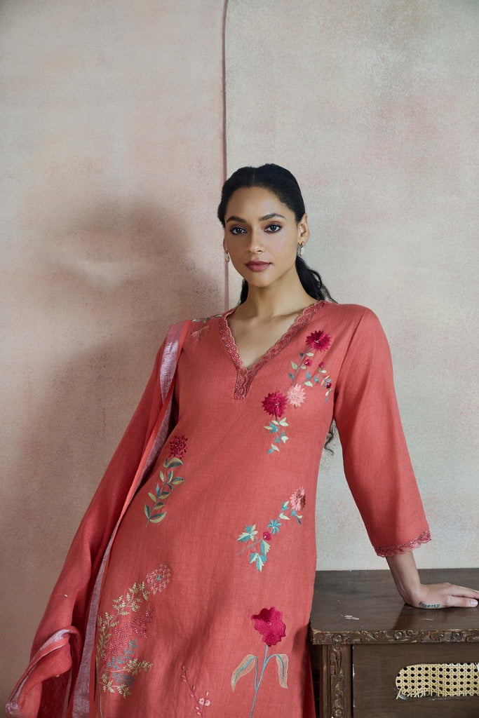 Coral Rust Linen Kurta Set with Multicolour Thread Embroidery - Mokshaa