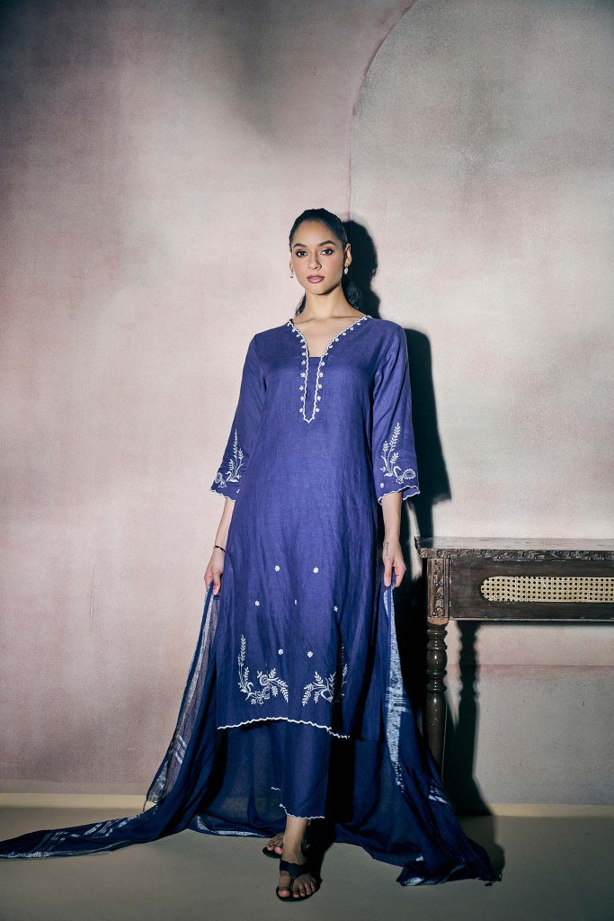 Indigo Blue Linen Kurta Set with Ivory Thread Embroidery - Mokshaa