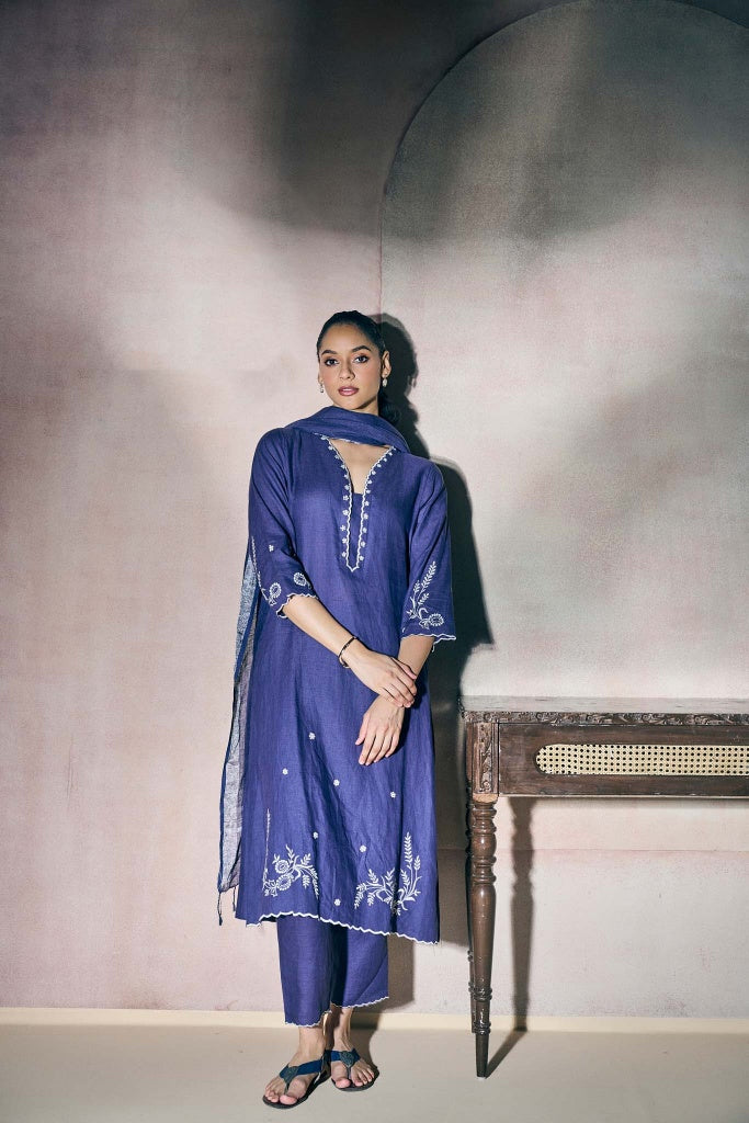 Indigo Blue Linen Kurta Set with Ivory Thread Embroidery - Mokshaa
