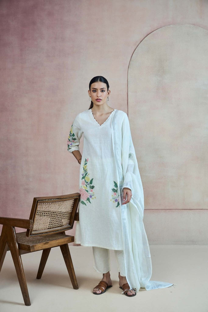 Ivory Linen Kurta Set with Floral Print and Thread Embroidery - Mokshaa