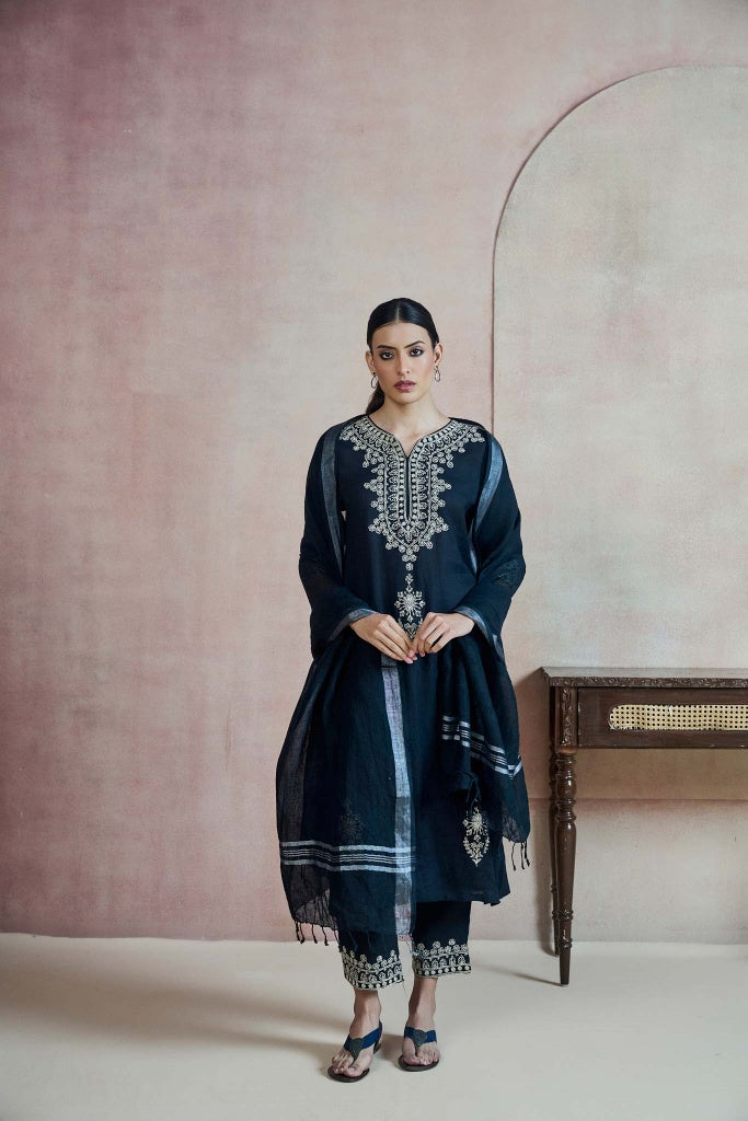 Midnight Navy Linen Kurta Set with Ivory Thread Embroidery - Mokshaa