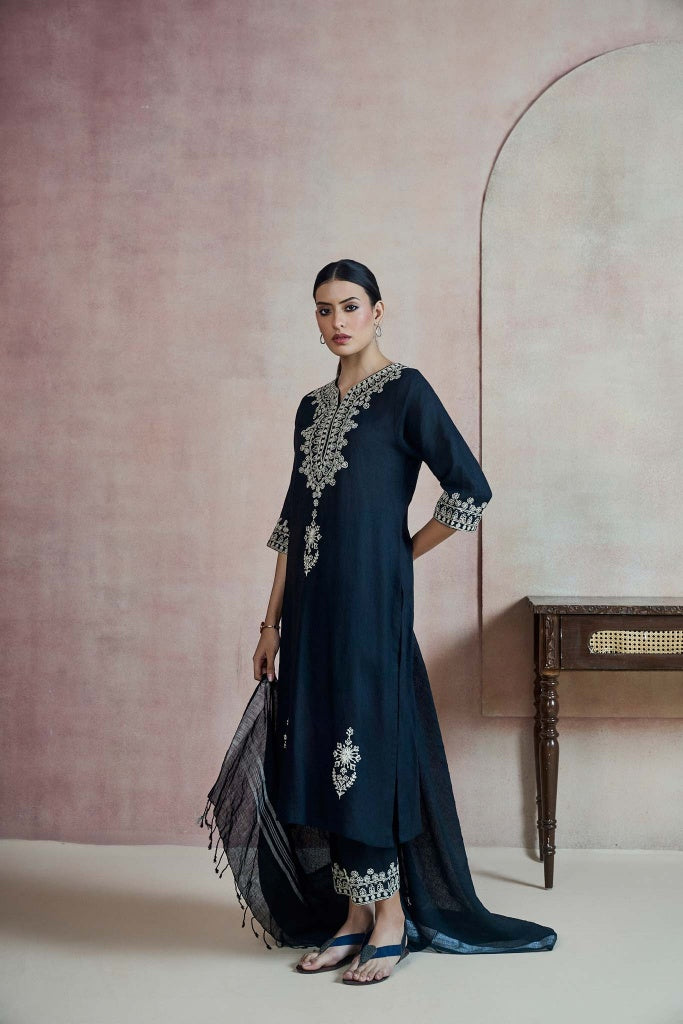 Midnight Navy Linen Kurta Set with Ivory Thread Embroidery - Mokshaa