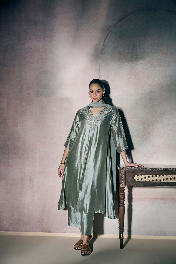 Sage Silver Silk Kurta Set with Floral Embroidery - Mokshaa
