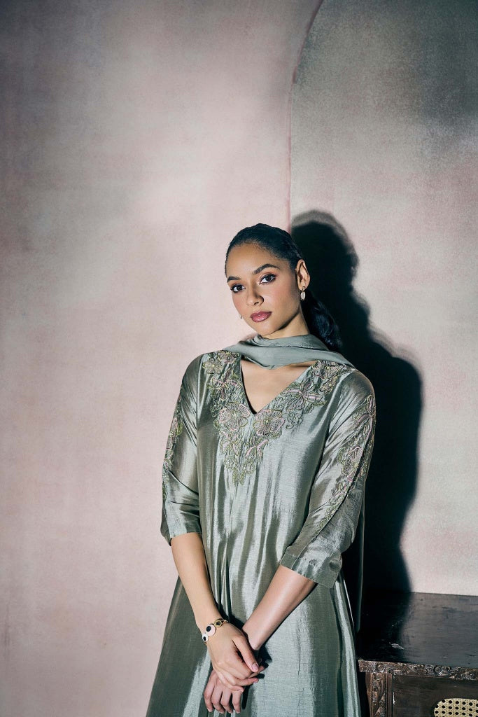 Sage Silver Silk Kurta Set with Floral Embroidery - Mokshaa