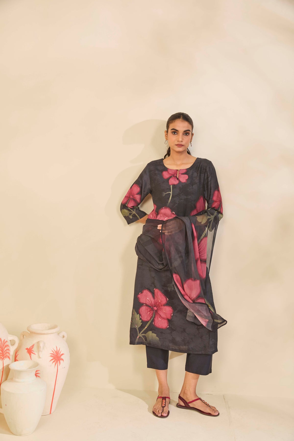 Charcoal Grey Muslin Kurta Set with Rose Floral Print - Mokshaa