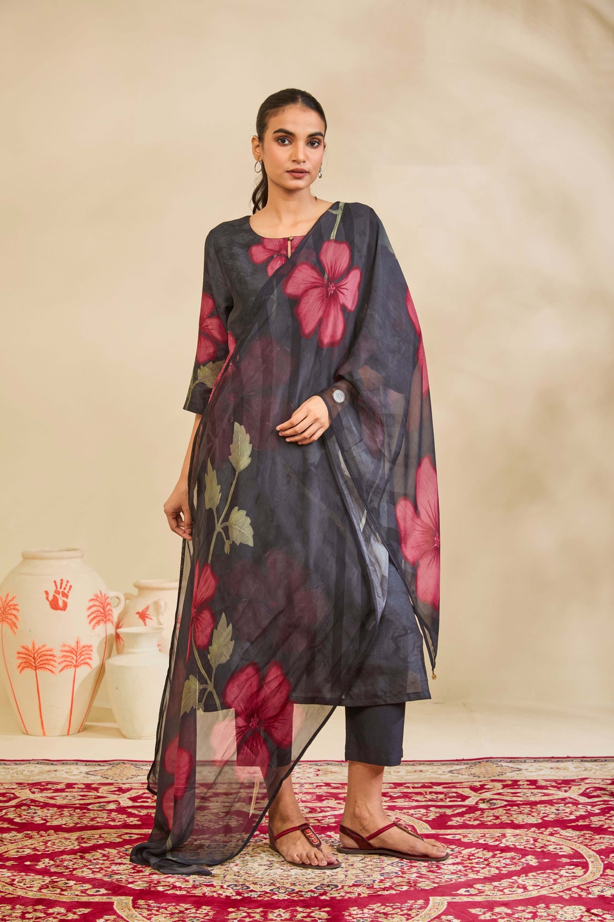 Charcoal Grey Muslin Kurta Set with Rose Floral Print - Mokshaa