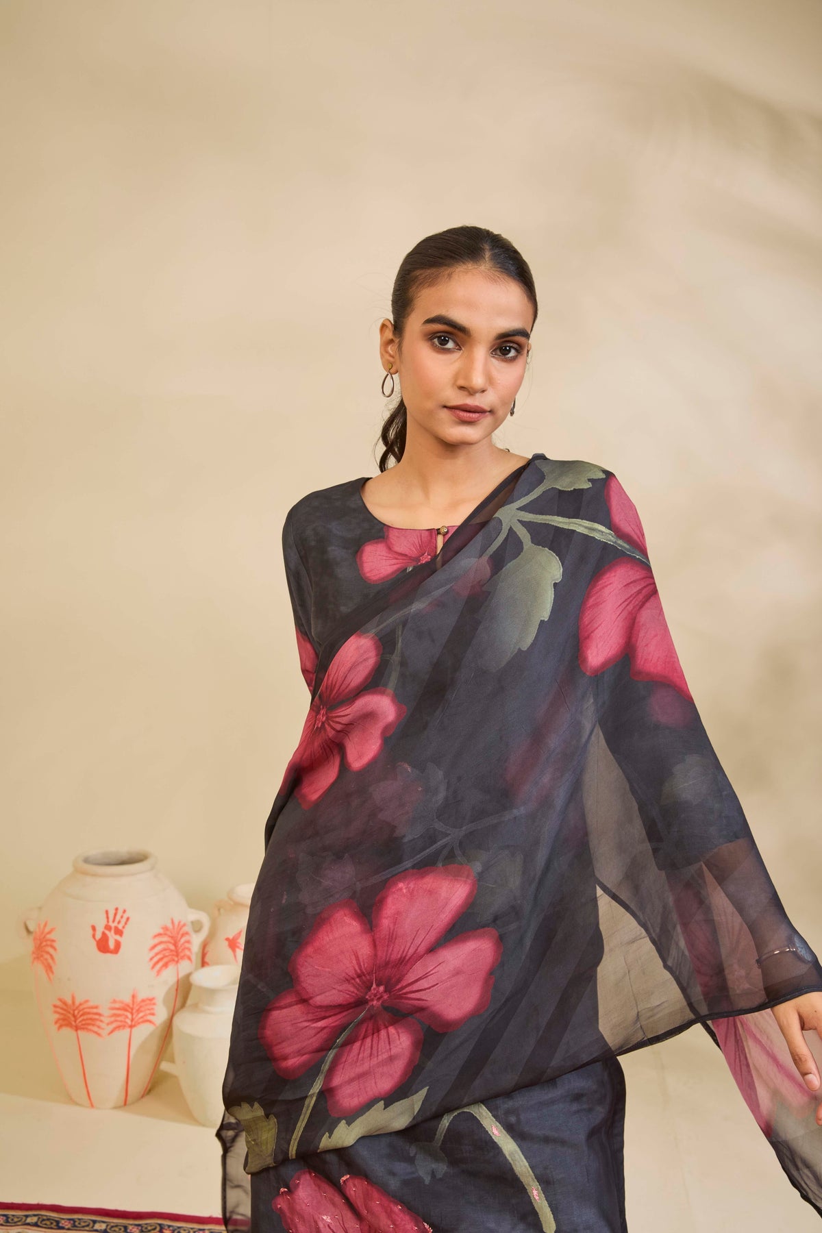Charcoal Grey Muslin Kurta Set with Rose Floral Print - Mokshaa