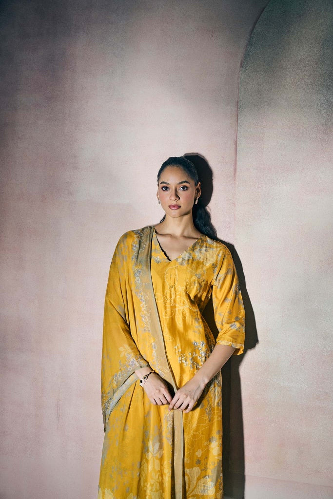 Marigold Yellow Muslin Kurta Set with Silver Floral Print - Mokshaa