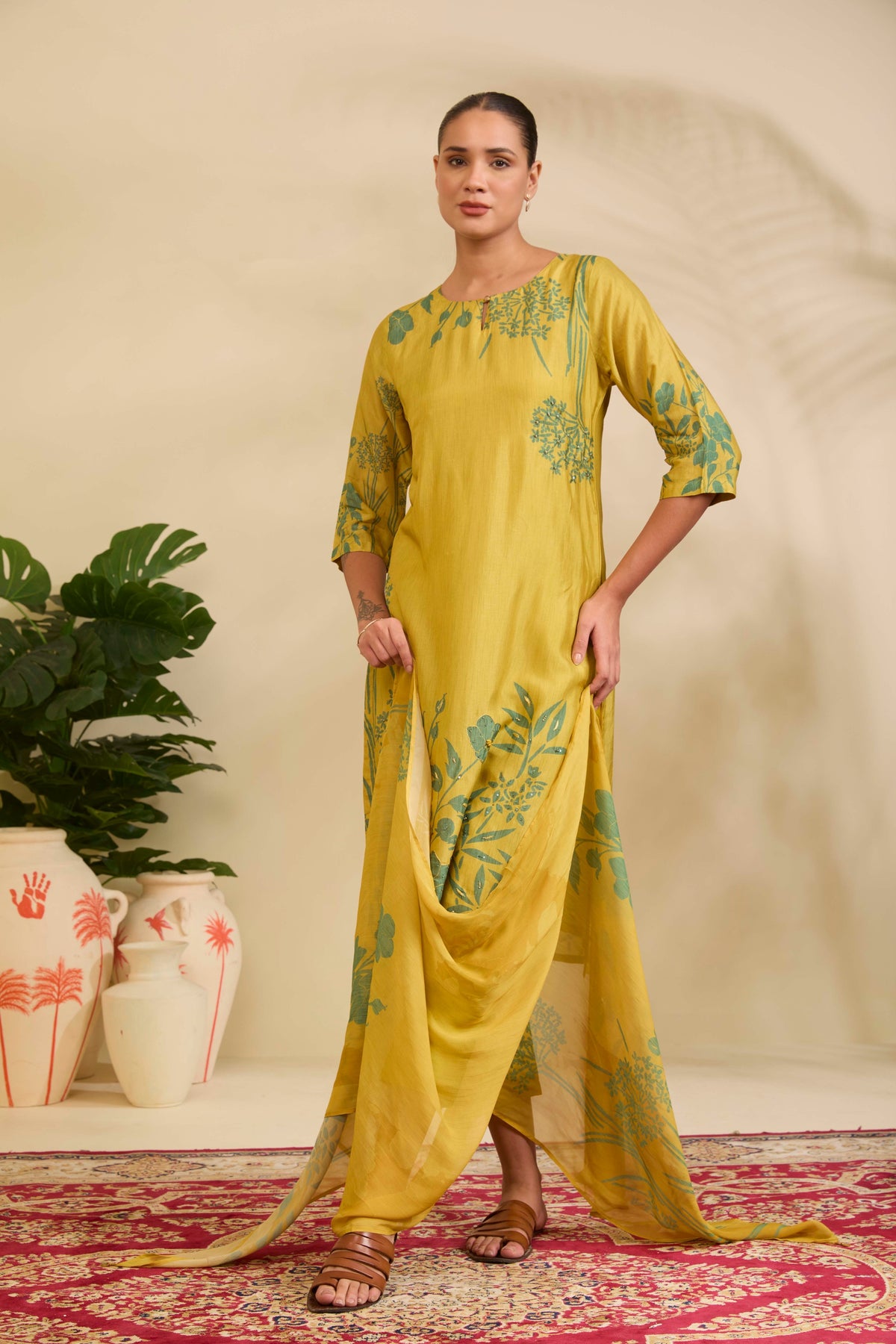 Chartreuse Yellow Muslin Kurta Set with Sage Floral Print - Mokshaa