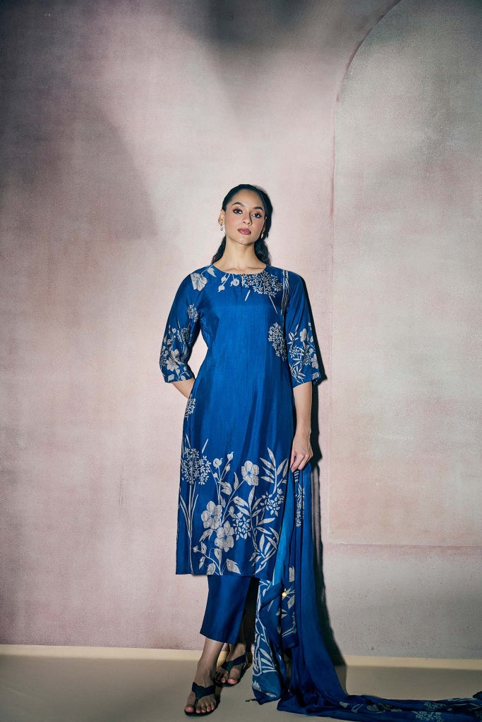 Cobalt Blue Muslin Kurta Set with Ivory Floral Print - Mokshaa