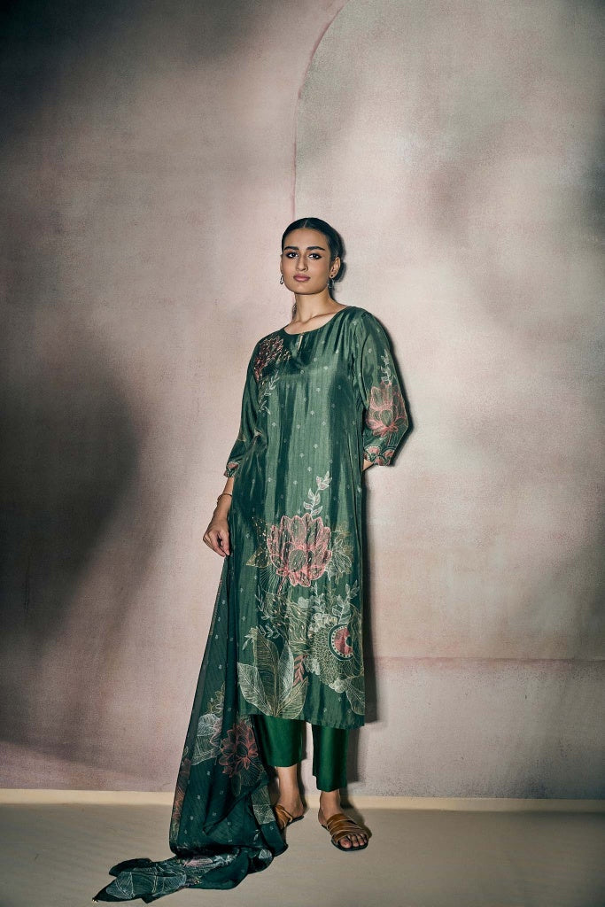 Forest Green Printed Kurta Set with Botanical Motif - Mokshaa