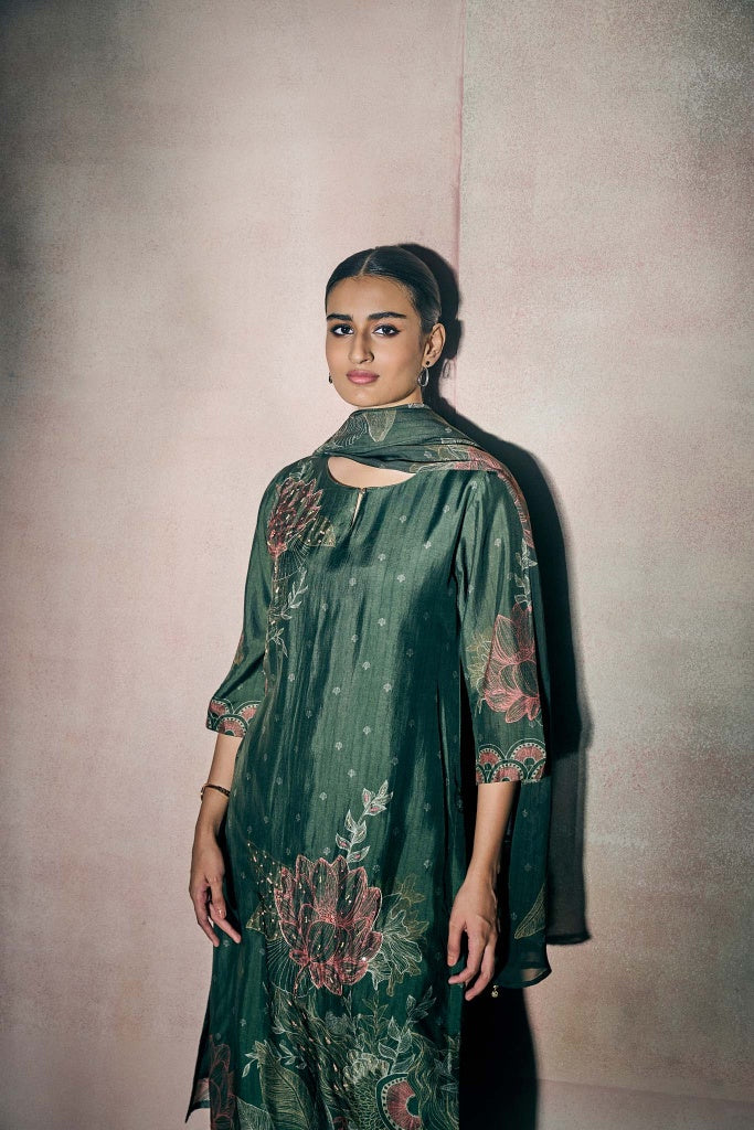 Forest Green Printed Kurta Set with Botanical Motif - Mokshaa