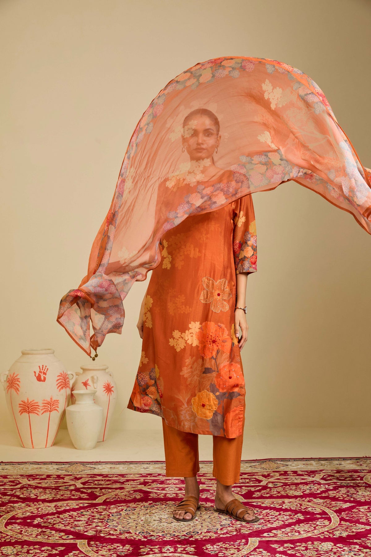 Burnt Orange Muslin Kurta Set with Floral Print and Embellishment - Mokshaa