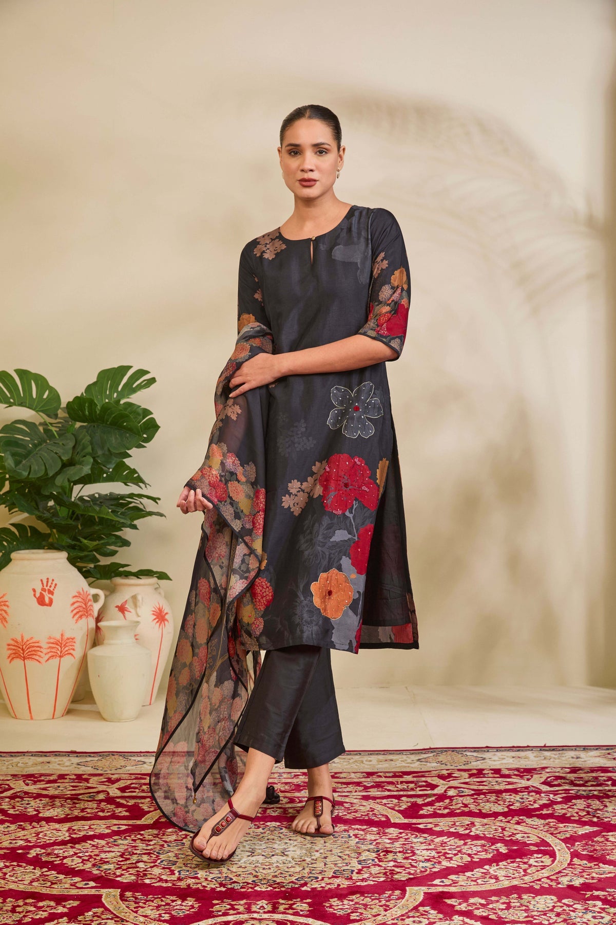 Charcoal Black Muslin Kurta Set with Floral Print and Embellishment - Mokshaa