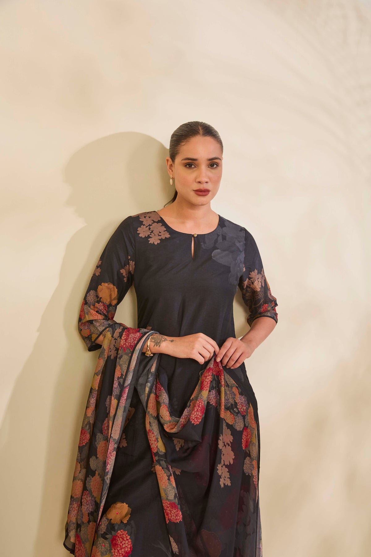 Charcoal Black Muslin Kurta Set with Floral Print and Embellishment - Mokshaa