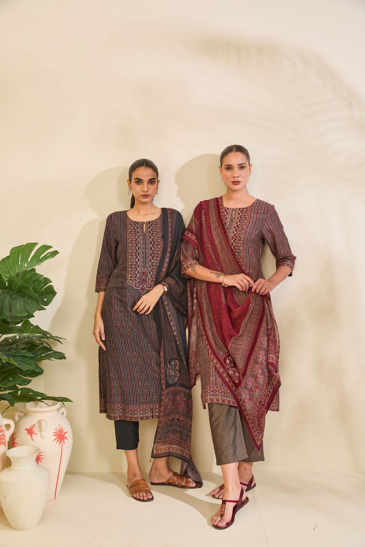 Charcoal Maroon Muslin Kurta Set with Striped Ethnic Print - Mokshaa
