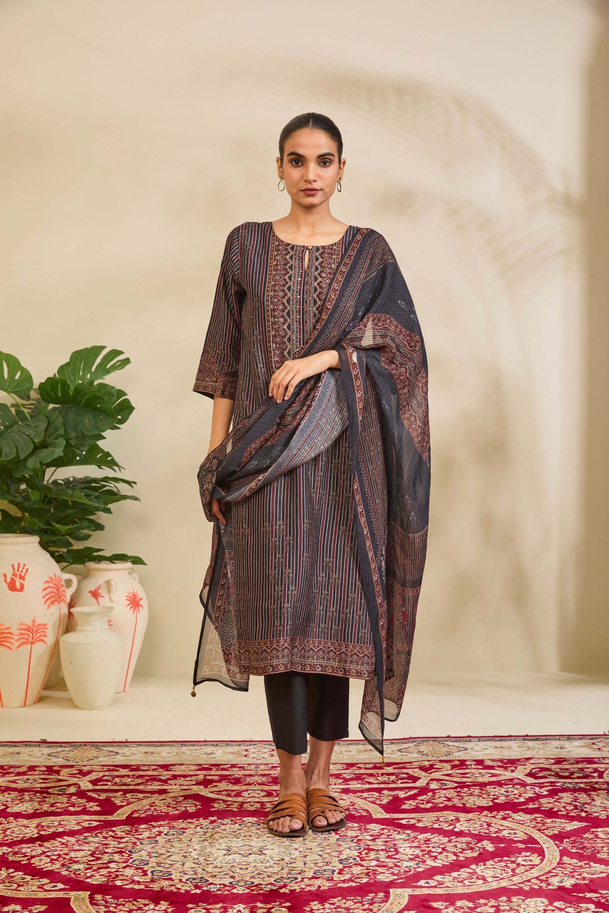 Charcoal Maroon Muslin Kurta Set with Striped Ethnic Print - Mokshaa