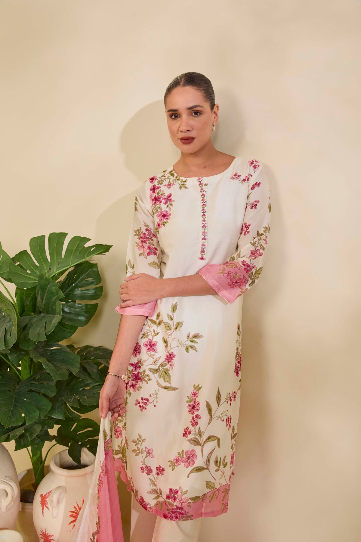 Ivory Muslin Kurta Set with Pink Floral Print and Highlights - Mokshaa
