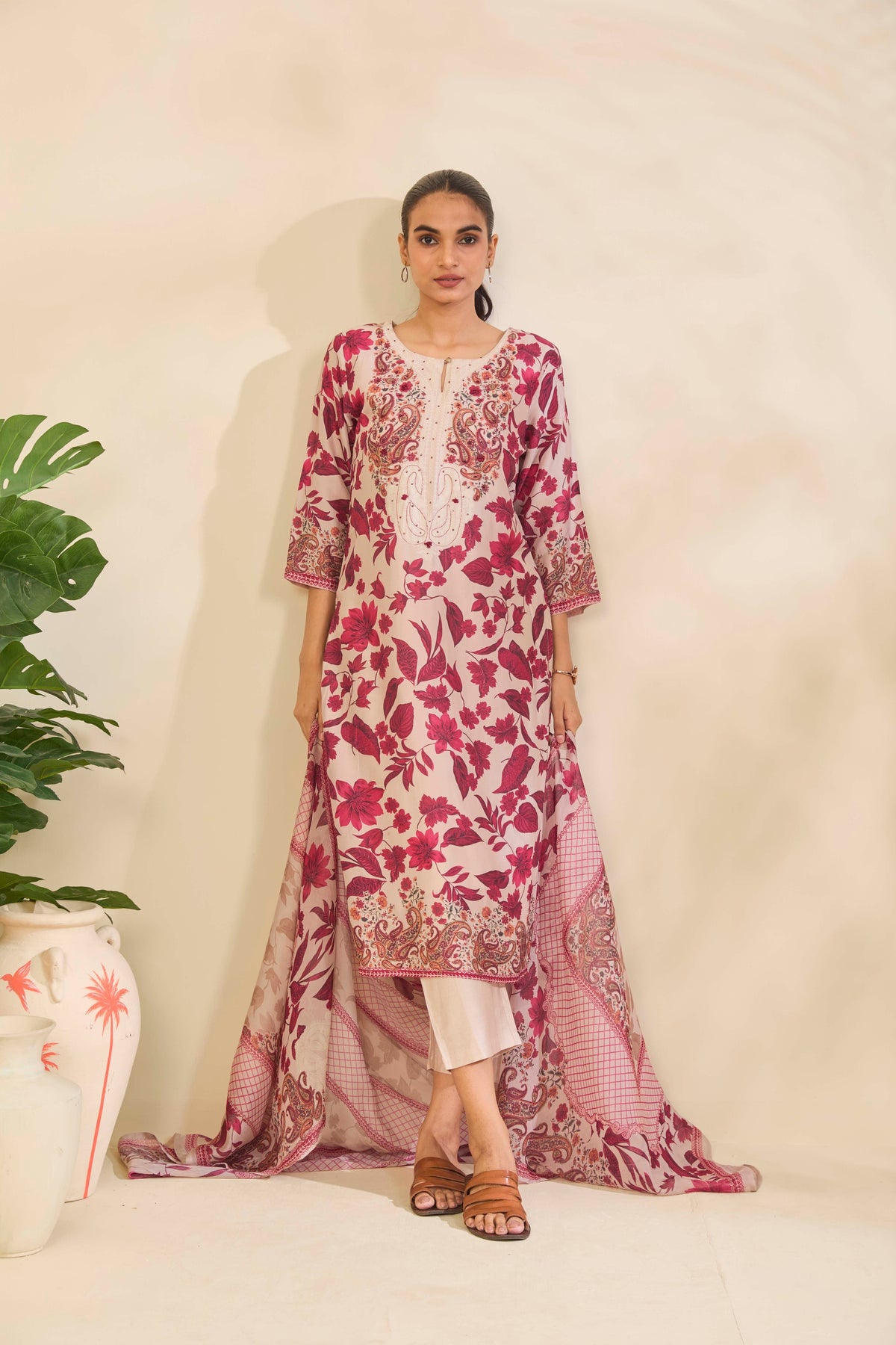Blush Beige Muslin Kurta Set with Botanical Print and Embroidery - Mokshaa