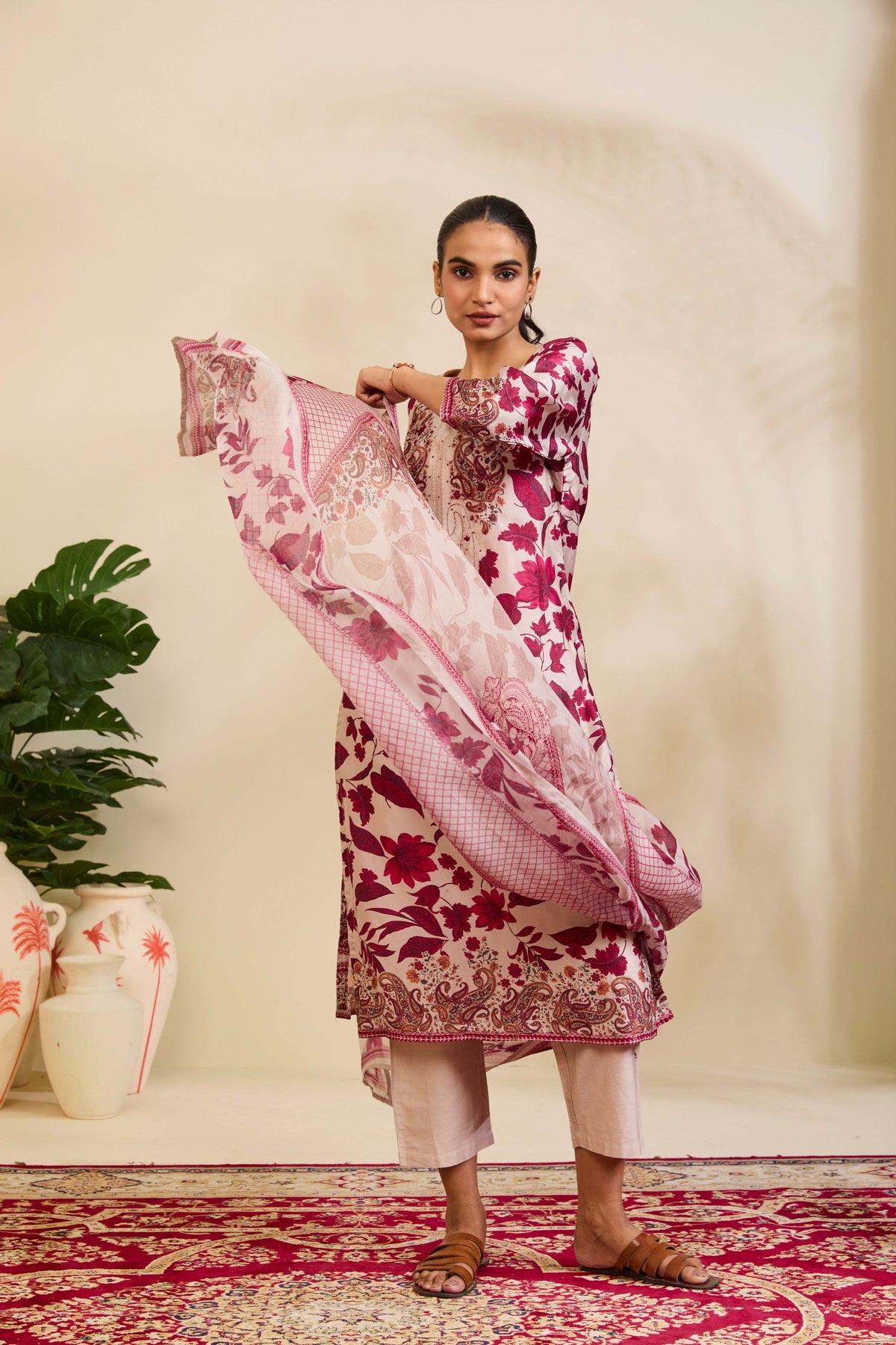 Blush Beige Muslin Kurta Set with Botanical Print and Embroidery - Mokshaa