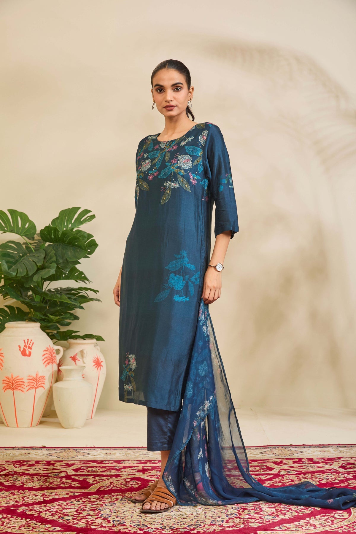 Petrol Teal Muslin Kurta Set with Floral Print and Highlights - Mokshaa