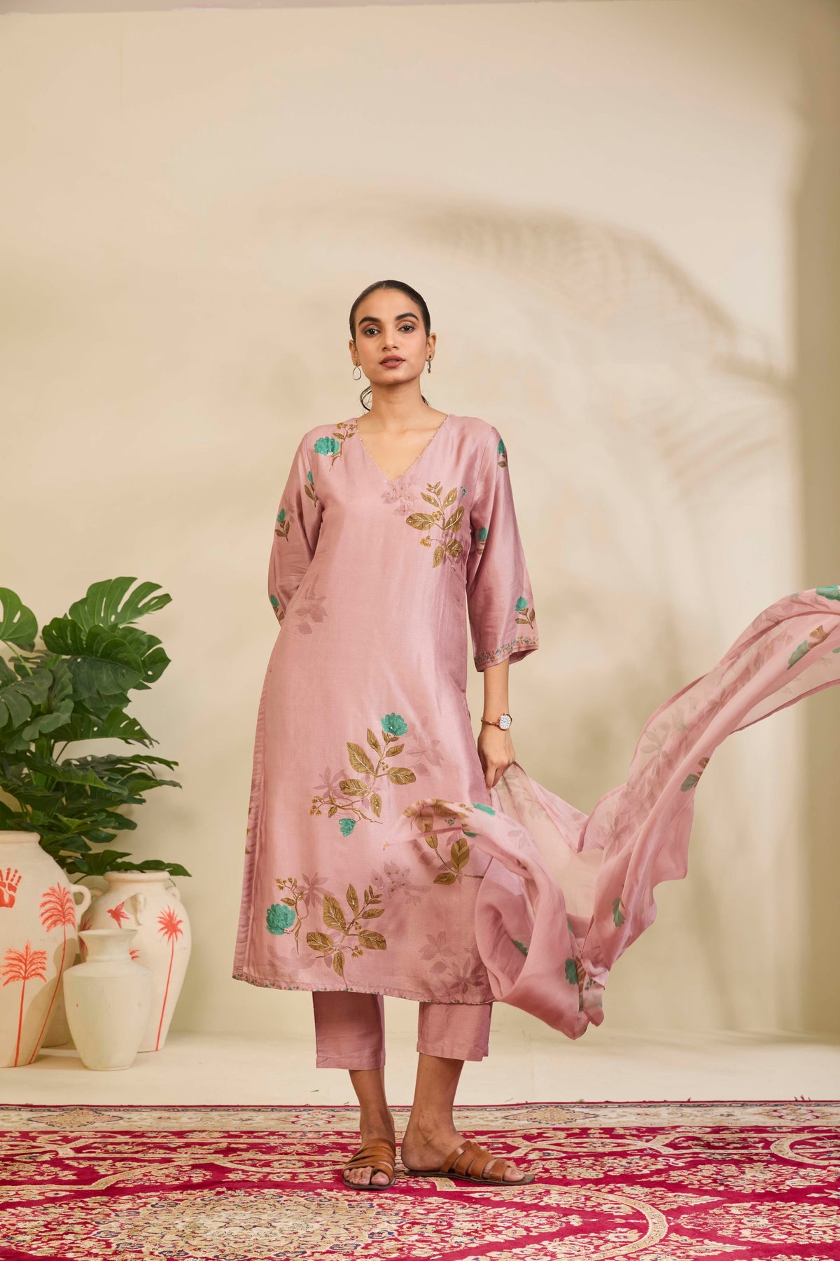 Dusty Mauve Muslin Kurta Set with Floral Print and Highlights - Mokshaa