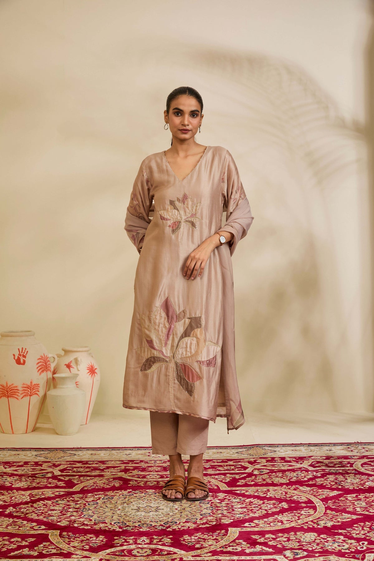 Taupe Beige Muslin Kurta Set with Lotus Appliqué and Highlights - Mokshaa