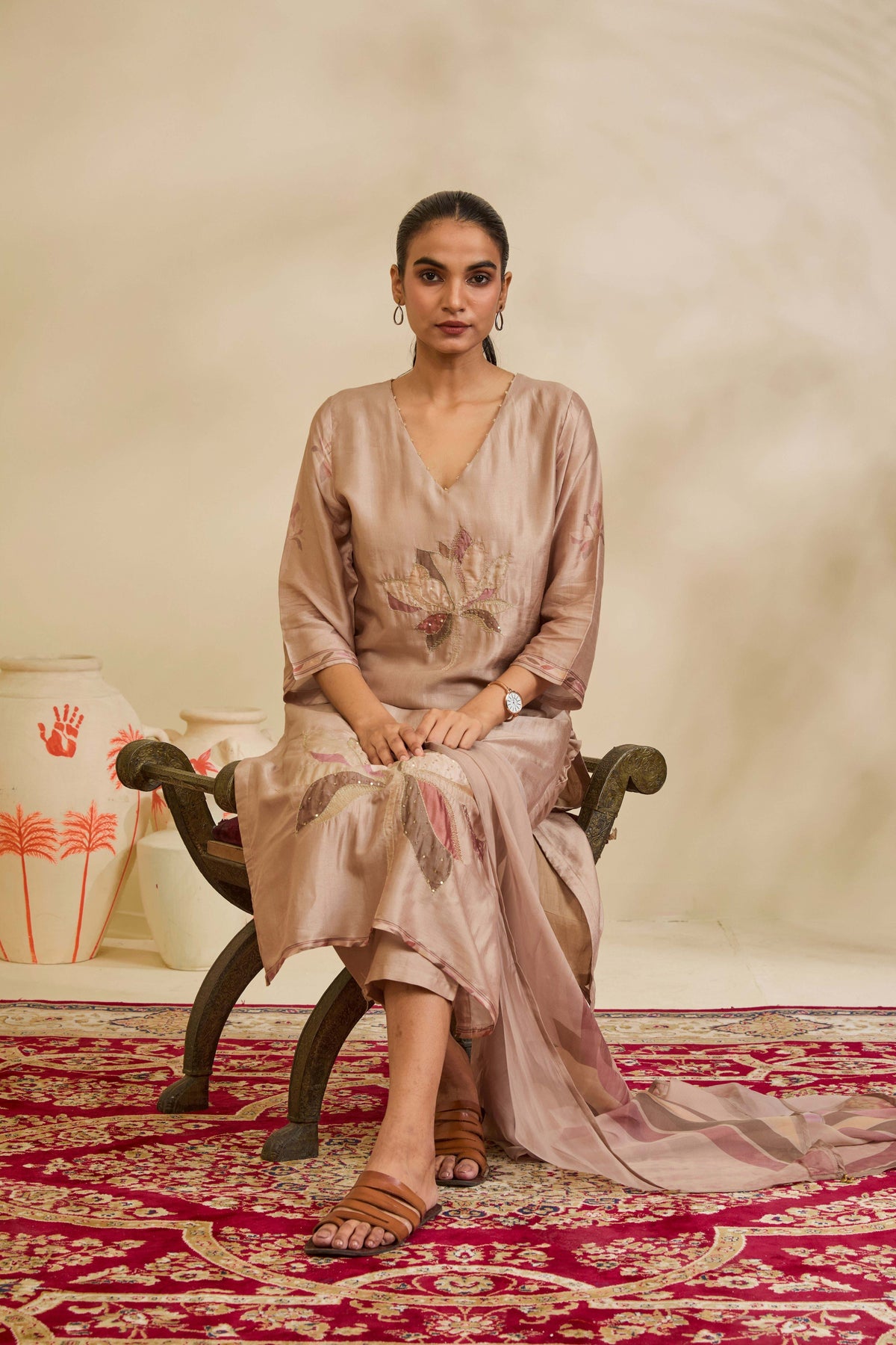 Taupe Beige Muslin Kurta Set with Lotus Appliqué and Highlights - Mokshaa