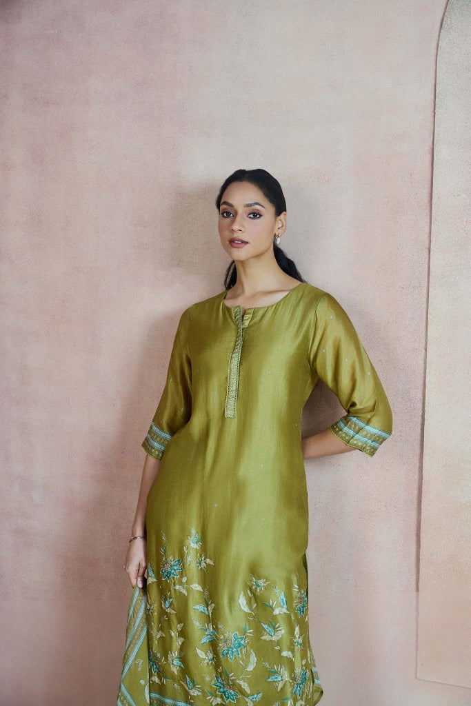 Olive Green Silk Kurta Set with Floral Print and Highlights - Mokshaa
