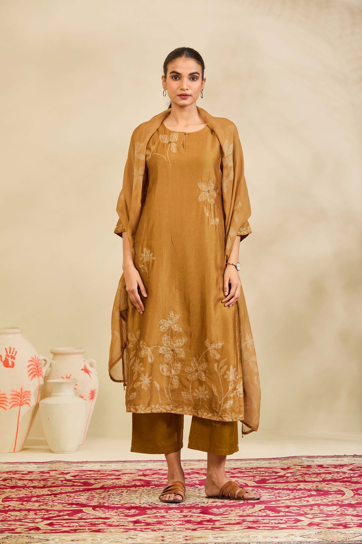Golden Ochre Muslin Kurta Set with Floral Print and Highlights - Mokshaa