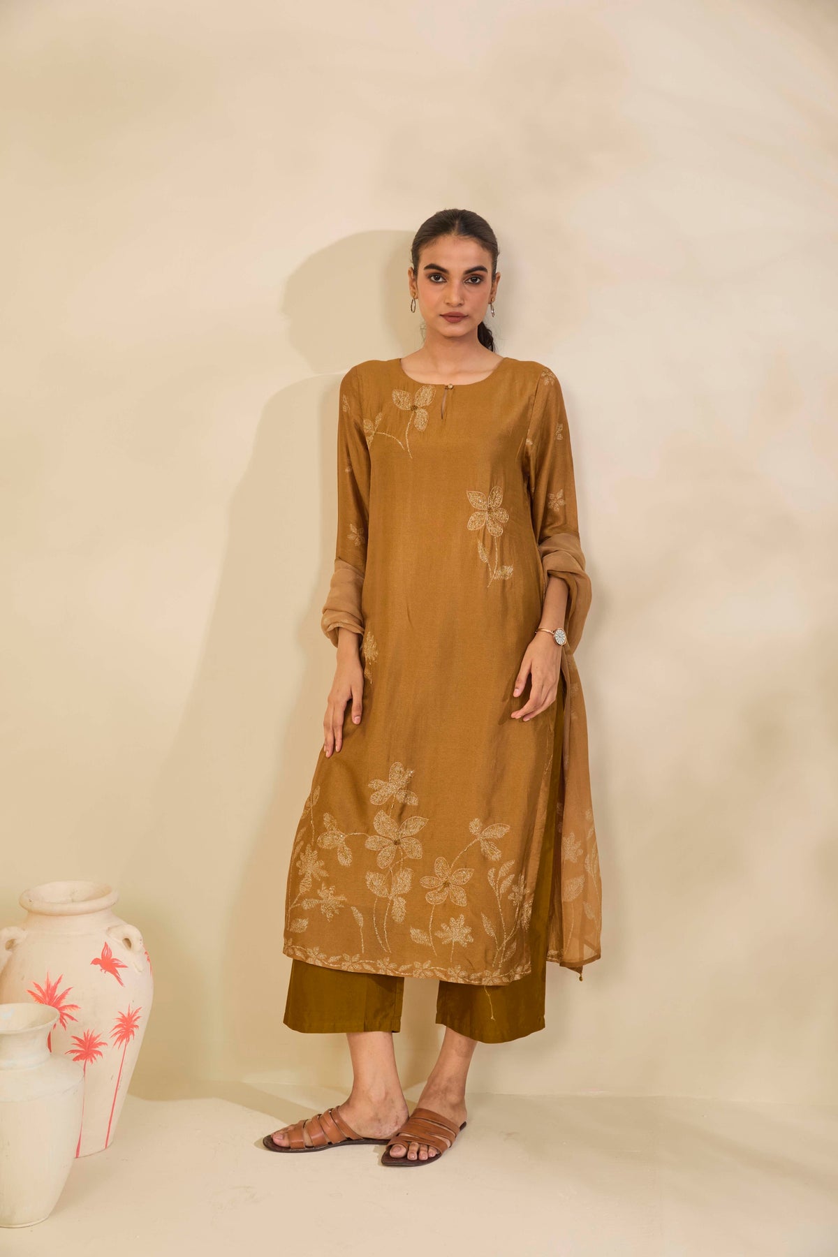 Golden Ochre Muslin Kurta Set with Floral Print and Highlights - Mokshaa